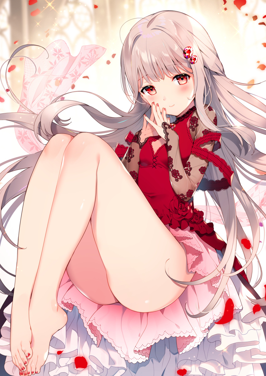 1girl ahoge bangs barefoot blush closed_mouth commentary_request cut_(bu-kunn) eyebrows_visible_through_hair full_body hair_ornament highres legs long_hair looking_at_viewer nail_polish original petals pink_skirt red_eyes red_nails red_shirt shirt silver_hair skirt smile solo thighs toes