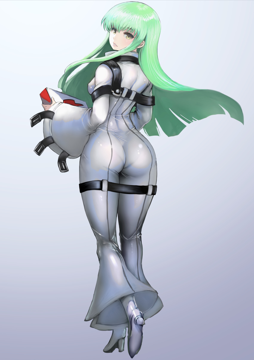 1girl arched_back ass bangs bodysuit box breasts c.c. code_geass from_behind full_body gradient gradient_background green_hair grey_background high_heels highres holding holding_box johan_(johan13) long_sleeves looking_at_viewer looking_back medium_breasts pantylines parted_lips pizza_box sidelocks smile solo straight_hair white_bodysuit white_footwear wide_sleeves yellow_eyes