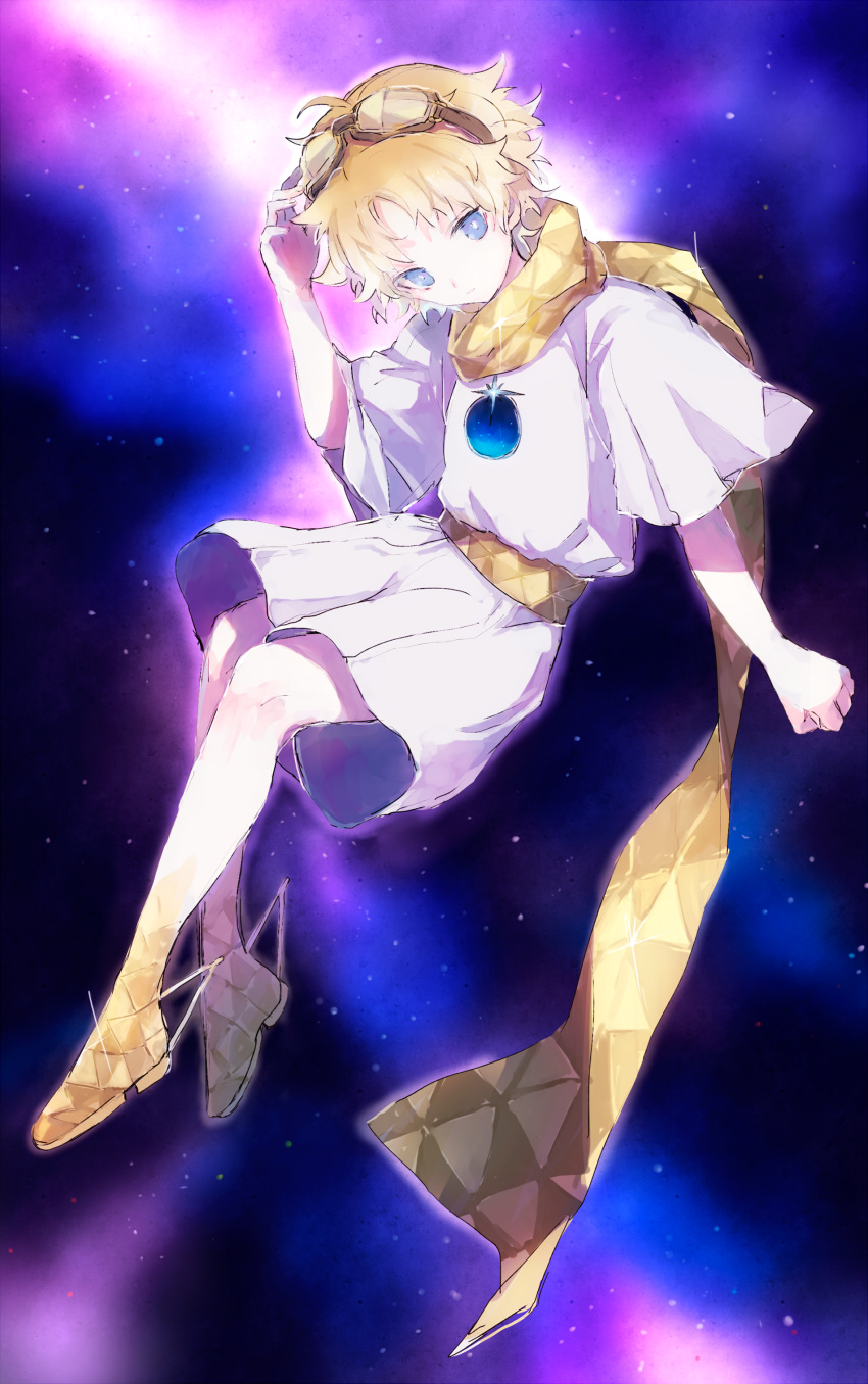 1boy absurdres artist_request baggy_clothes blonde_hair blue_eyes bright_pupils closed_mouth commentary_request eyebrows_visible_through_hair fate/grand_order fate/requiem fate_(series) floating glowing goggles goggles_on_head gradient_hair hand_on_head highres looking_at_viewer male_focus multicolored_hair scarf short_hair short_sleeves sky solo space star star_(sky) starry_sky voyager_(fate/requiem) yellow_scarf