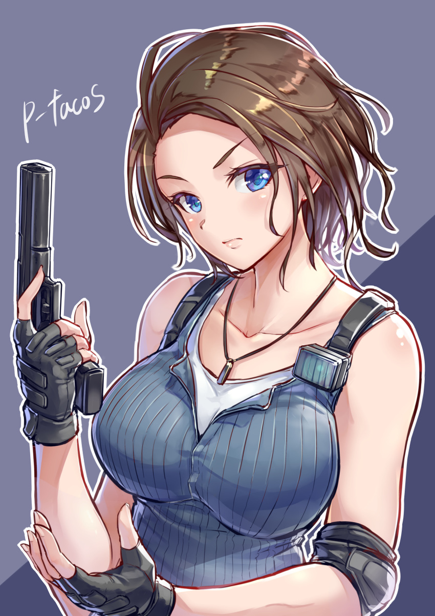 1girl absurdres artist_name bare_shoulders blue_eyes blue_tank_top blush breasts brown_hair fingerless_gloves gloves gun half-closed_eyes handgun highres holding holding_gun holding_weapon jewelry jill_valentine large_breasts looking_at_viewer necklace pistol potato_tacos resident_evil resident_evil_3 short_hair solo tank_top upper_body weapon