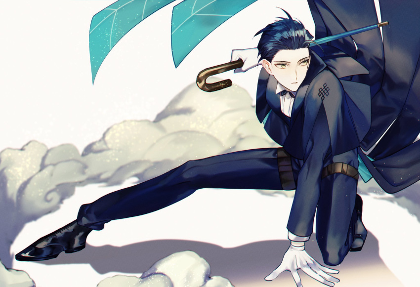 albino_(a1b1n0623) dynamic_pose fate/grand_order fate_(series) fighting_stance formal full_body gloves highres holding legs_apart long_sleeves looking_to_the_side male_focus necktie open_mouth pant_suit pipe shadow sherlock_holmes_(fate/grand_order) shoes solo suit tuxedo white_background white_gloves yellow_eyes