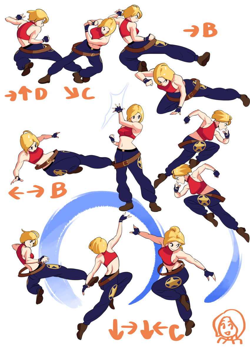 1girl belt blonde_hair blue_mary crop_top denim fatal_fury fingerless_gloves gameplay_mechanics gloves highres jeans jheflow45 loose_belt midriff pants short_hair sleeveless sleeveless_turtleneck the_king_of_fighters turtleneck