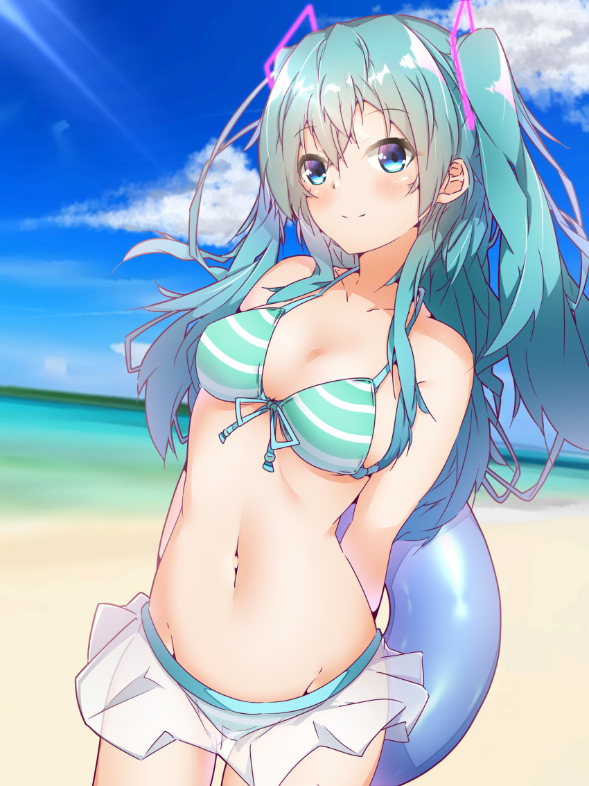 1girl absurdres aqua_eyes aqua_hair arms_behind_back beach bikini blue_sky blush contrapposto cowboy_shot day frilled_bikini frills hair_ornament harukawa_(hal501) hatsune_miku highres holding holding_innertube innertube long_hair looking_at_viewer midriff navel outdoors sky smile striped striped_bikini swimsuit twintails vocaloid