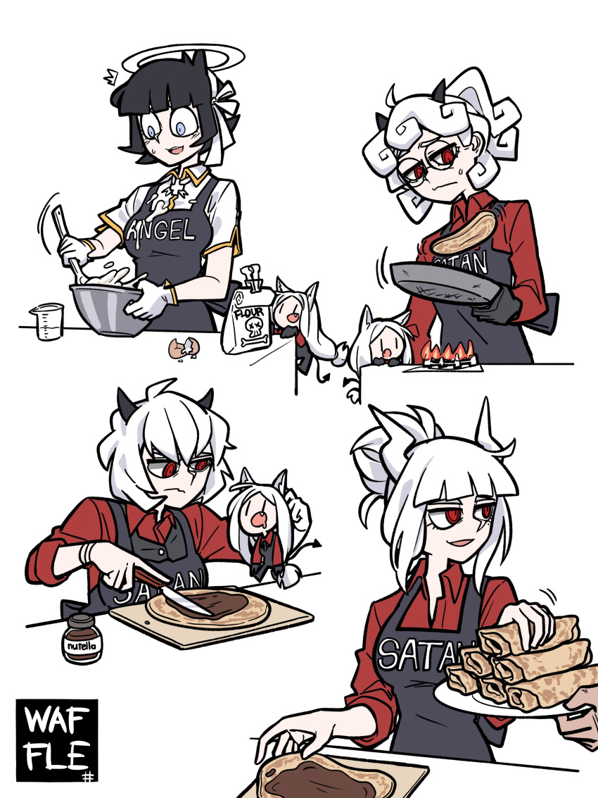 6+girls absurdres angel animal_ears breasts cerberus_(helltaker) chibi clothes_writing cooking demon_girl demon_horns demon_tail dog_ears halo helltaker highres horns lucifer_(helltaker) medium_breasts multiple_girls tail triplets waffle_drink