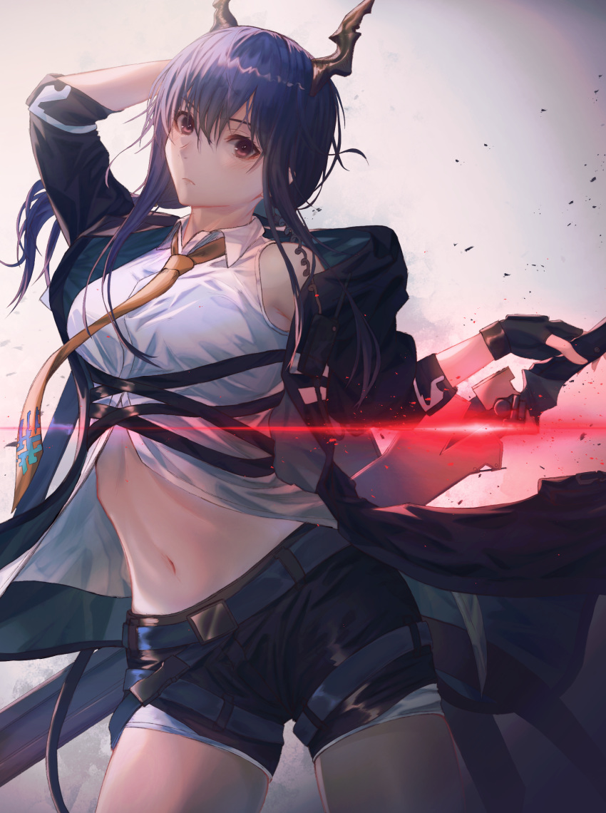 1girl absurdres arknights arm_up bangs bare_shoulders black_gloves black_jacket black_shorts blue_hair breasts brown_eyes ch'en_(arknights) commentary cowboy_shot dragon_horns fingerless_gloves gloves hair_between_eyes highres holding holding_sword holding_weapon horns jacket long_hair medium_breasts midriff navel necktie open_clothes open_jacket shirt shorts solo standing stomach sword thighs weapon white_shirt xi-u yellow_neckwear