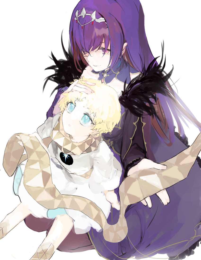 1boy 1girl :o blonde_hair blue_eyes breasts bright_pupils commentary_request dress fate/grand_order fate/requiem fate_(series) feather_trim fur-trimmed_dress fur_trim hair_between_eyes hand_on_another's_head headpiece highres legs_together looking_down looking_up on_lap pantyhose pink_eyes purple_dress scarf scathach_(fate)_(all) scathach_skadi_(fate/grand_order) smile voyager_(fate/requiem) yellow_scarf yorurokujuu