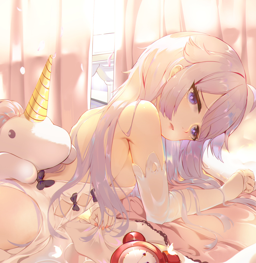 1girl absurdres ahoge armpit_crease azur_lane backless_dress backless_outfit backlighting bangs bare_shoulders bed breasts chinese_commentary clock commentary_request curtains detached_sleeves dress eyebrows_visible_through_hair falling_petals highres lavender_hair long_hair looking_at_viewer lying medium_breasts nail_polish on_bed on_stomach parted_lips pink_nails shoulder_blades sideboob sidelocks solo stuffed_alicorn stuffed_animal stuffed_toy sunlight swept_bangs unicorn_(azur_lane) upper_body violet_eyes white_dress window window_shade xiaoshan_jiang