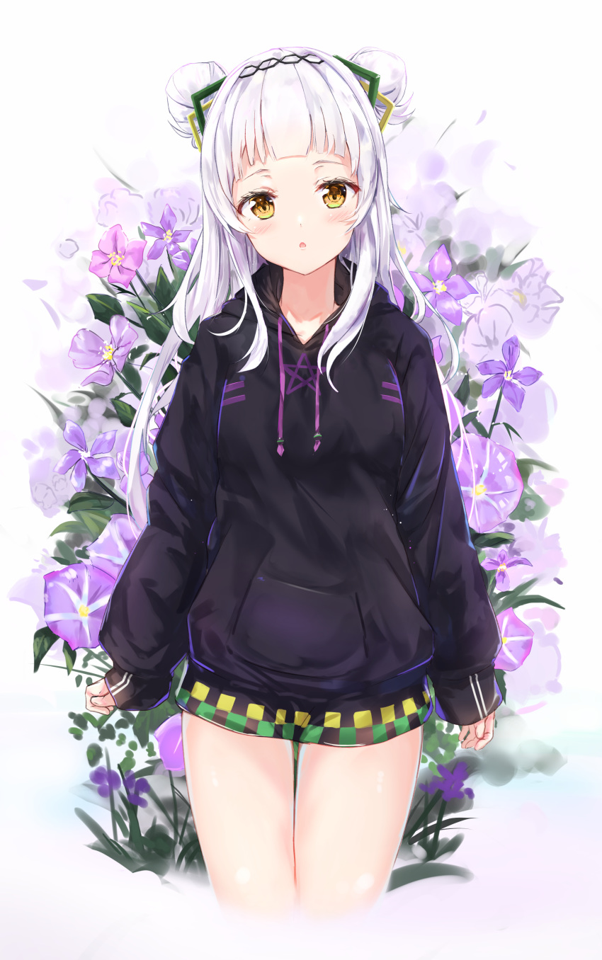 1girl :o absurdres bangs black_hoodie blush breasts brown_eyes commentary cropped_legs double_bun drawstring flower highres hololive hood hood_down hoodie long_hair long_sleeves looking_at_viewer murasaki_shion na_kyo parted_lips pentagram pink_flower puffy_long_sleeves puffy_sleeves purple_flower silver_hair sleeves_past_wrists small_breasts solo standing very_long_hair virtual_youtuber white_background