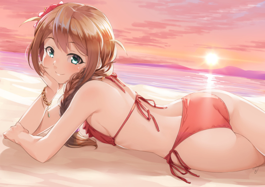 1girl aqua_eyes ass baba_konomi back bangs beach bikini blush bracelet braid breasts brown_hair closed_mouth clouds evening eyebrows_visible_through_hair flower from_side hair_flower hair_ornament hair_over_shoulder hand_on_own_cheek hibiscus horizon idolmaster idolmaster_million_live! jewelry lens_flare long_hair looking_at_viewer looking_to_the_side lying miri_(ago550421) ocean on_ground on_stomach pink_sky red_bikini red_flower red_ribbon ribbon side-tie_bikini sideboob single_braid sky small_breasts smile solo sun sunlight sunset swimsuit two_side_up water