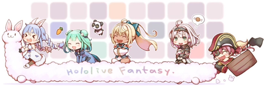 &gt;_&lt; 5girls :d animal_ears artist_request blonde_hair blue_hair blush bucket bunny_girl chibi closed_eyes green_eyes green_hair group_name hat hololive hololive_fantasy houshou_marine kintsuba_(flare_channel) multiple_girls open_mouth pirate_hat ponytail rabbit rabbit_ears redhead riding shiranui_flare shirogane_noel silver_hair smile thought_bubble twintails uruha_rushia usada_pekora xd