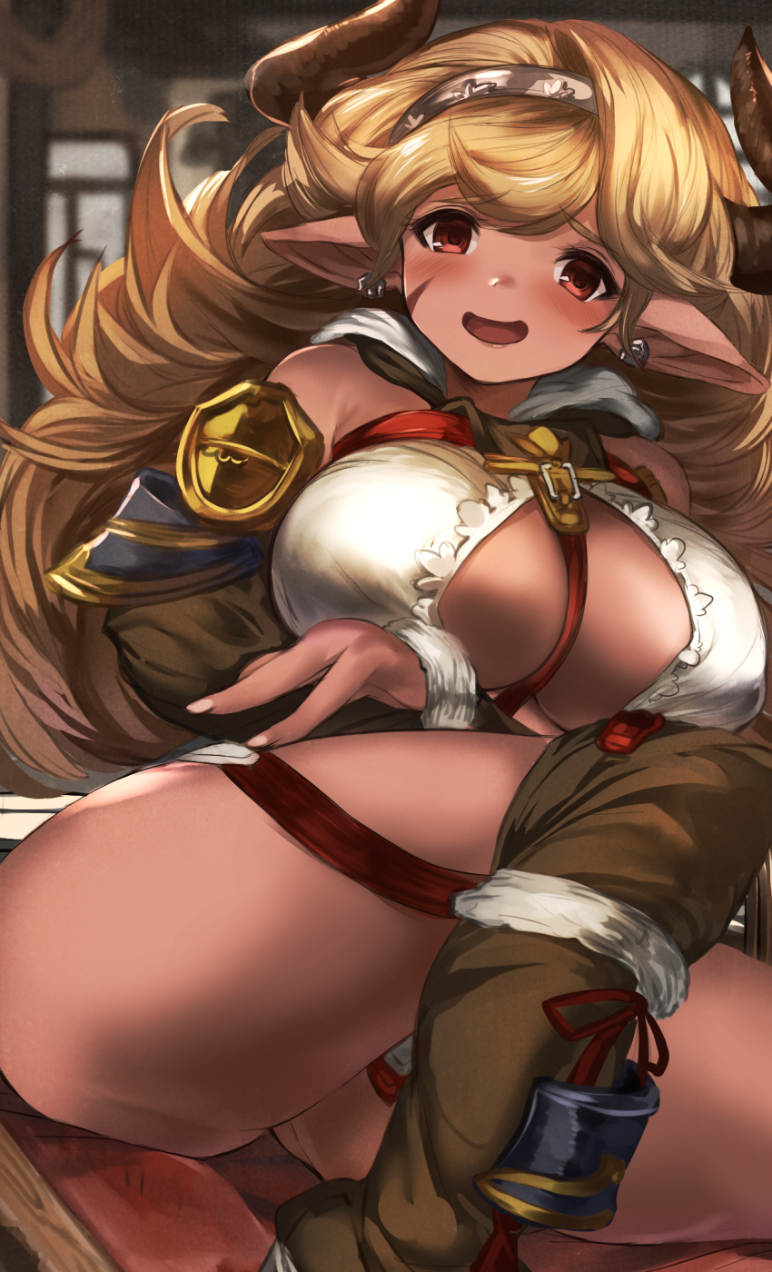 1girl bare_shoulders blonde_hair blush boots breasts dark_skin donna_(granblue_fantasy) draph earrings granblue_fantasy headband highres horns huge_breasts jewelry long_hair looking_at_viewer maou_(maoudaisukiya) messy_hair open_mouth pointy_ears red_eyes smile solo thigh-highs thigh_boots thighs very_long_hair