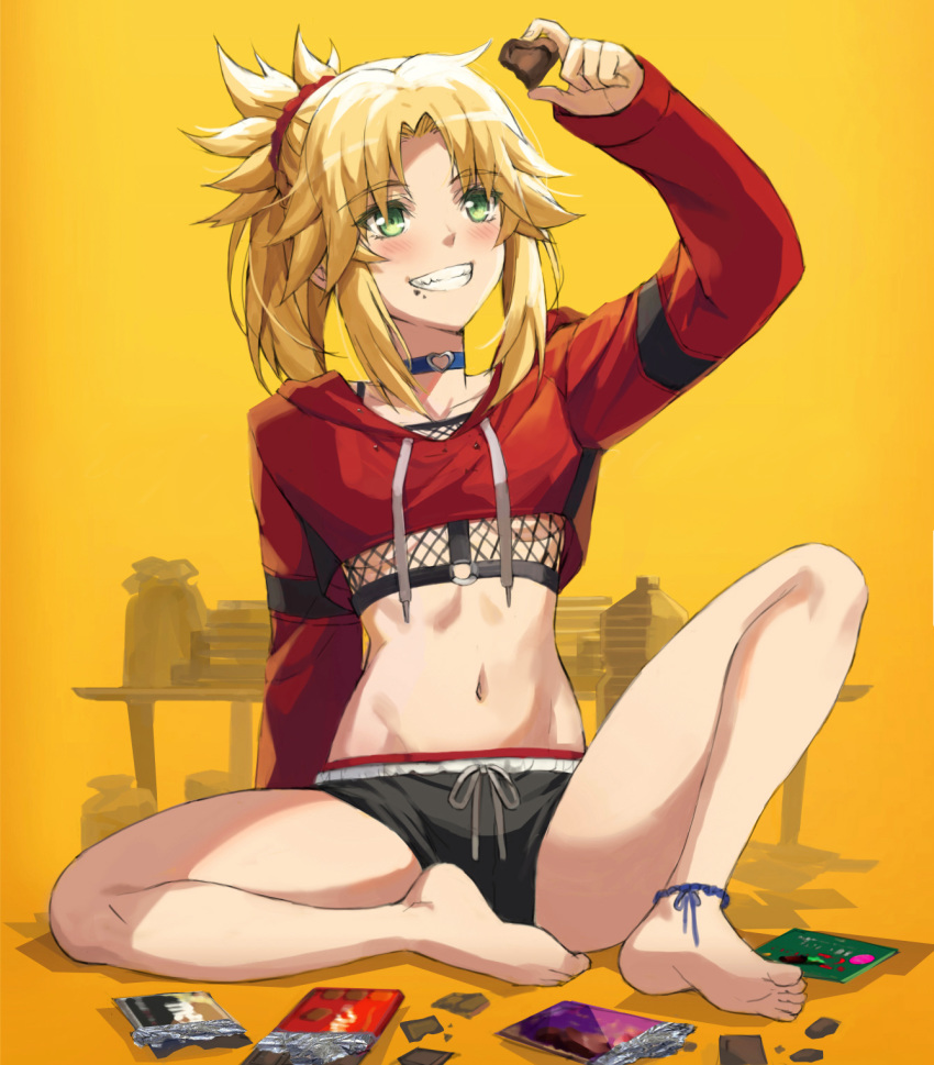 1girl bangs barefoot black_shorts blonde_hair blush braid breasts candy chocolate chocolate_bar collarbone commentary_request cropped_sweater fate/apocrypha fate_(series) feet food french_braid green_eyes grin hair_ornament hair_scrunchie highres hood hooded_sweater knee_up legs long_hair long_sleeves midriff mordred_(fate) mordred_(fate)_(all) navel o-ring parted_bangs ponytail red_scrunchie red_sweater scrunchie short_shorts shorts sidelocks simple_background sitting small_breasts smile solo sweater tonee under_boob