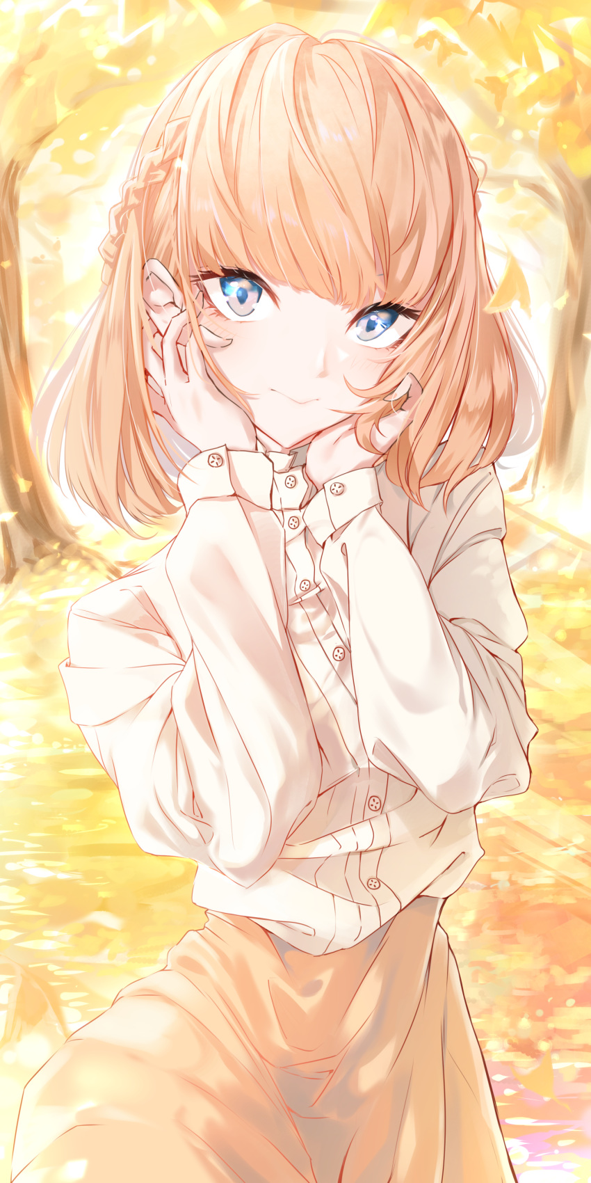 1girl absurdres alternate_hair_length alternate_hairstyle autumn autumn_leaves blonde_hair blue_eyes blush braid closed_mouth commentary_request dress_shirt falling_leaves hands_on_own_face highres katou_asuka leaf long_sleeves looking_at_viewer matsunaga777 medium_hair outdoors shirt skirt solo tree watashi_ga_motenai_no_wa_dou_kangaetemo_omaera_ga_warui! white_shirt yellow_skirt younger