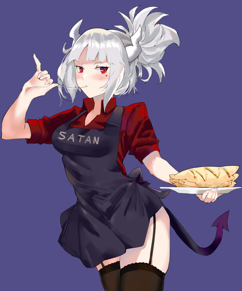 1girl apron bangs black_apron black_legwear blue_background blush breasts collared_shirt demon_horns eating food fork fork_in_mouth garter_straps helltaker highres holding holding_plate horns large_breasts looking_to_the_side lucifer_(helltaker) medium_hair mole mole_under_eye pancake plate red_eyes red_shirt shirt short_hair simple_background sleeves_rolled_up standing tail thigh-highs wesker1025s white_hair white_horns