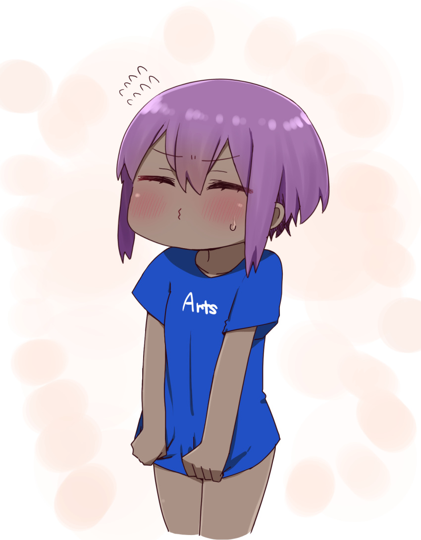 1girl arts_shirt bangs blue_shirt blush closed_eyes closed_mouth cropped_legs dark_skin eyebrows_visible_through_hair facing_viewer fate/prototype fate/prototype:_fragments_of_blue_and_silver fate_(series) flying_sweatdrops hair_between_eyes hassan_of_serenity_(fate) highres i.u.y purple_hair shirt shirt_tug short_sleeves solo standing sweat