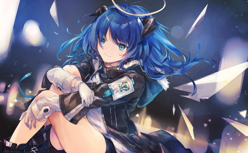 1girl arknights bangs bare_legs black_jacket blue_eyes blue_hair blush commentary eyebrows_visible_through_hair feet_out_of_frame fur-trimmed_jacket fur_trim halo highres hood hooded_jacket horns jacket knees_up long_hair long_sleeves looking_at_viewer mostima_(arknights) open_clothes open_jacket shirt sitting smile solo thighs ukishizumi white_shirt