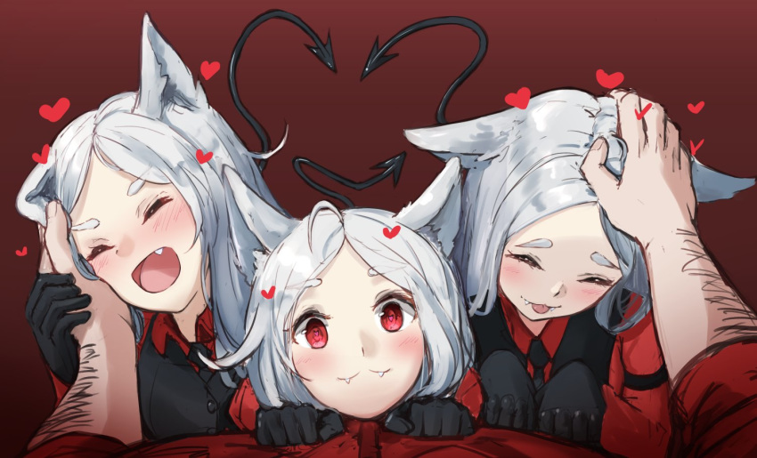 1boy 3girls :3 animal_ears bent_over black_gloves black_neckwear black_pants black_vest cerberus_(helltaker) collared_shirt commentary demon_girl demon_tail dog_ears dog_girl fangs girl_on_top gloves happy heart heart-shaped_pupils helltaker helltaker_(character) ippers long_hair looking_at_viewer multiple_girls necktie neckwear open_mouth pants petting puffy_sleeves red_eyes red_shirt shirt siblings sisters symbol-shaped_pupils tail tongue triplets very_long_hair vest white_hair