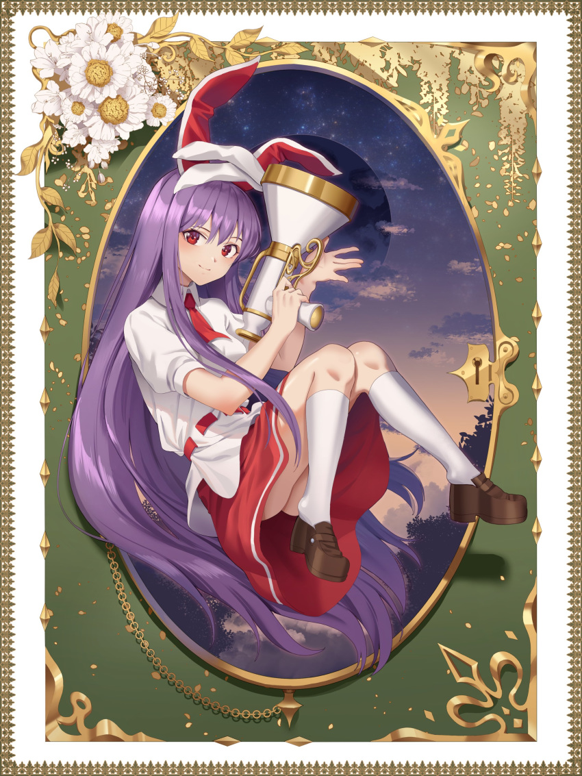 1girl absurdres animal_ears blush brown_footwear closed_mouth eyebrows full_body goback highres kneehighs long_hair looking_at_viewer purple_hair rabbit_ears red_eyes reisen_udongein_inaba smile solo touhou very_long_hair white_legwear