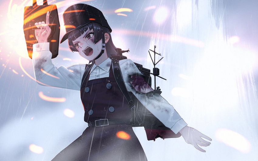 1girl arare_(kantai_collection) bangs black_dress black_eyes blood buttons dress grey_hair hat highres holding injury kantai_collection long_sleeves open_mouth outdoors pinafore_dress rain remodel_(kantai_collection) rigging shirt short_hair solo torn_clothes torn_shirt white_shirt yue_(tada_no_saboten)