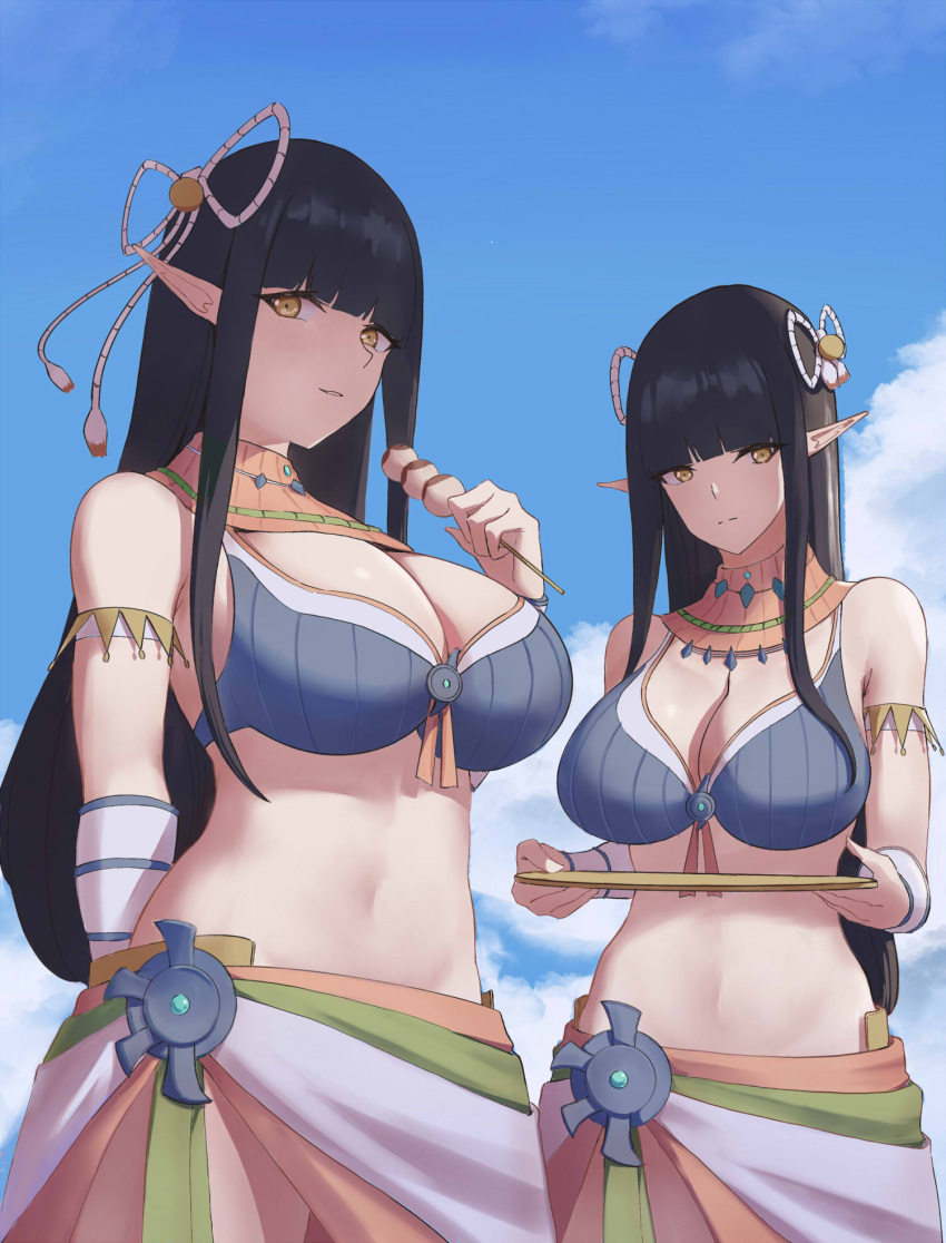 2girls bikini black_hair blush boyin breasts hinoa long_hair minoto monster_hunter monster_hunter_(series) monster_hunter_rise pointy_ears siblings twins