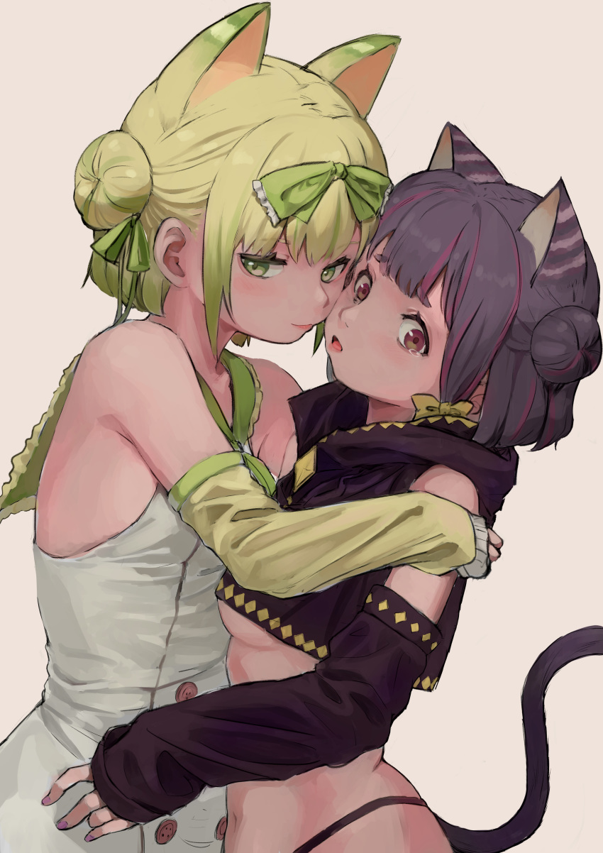 2girls absurdres animal_ears bangs bare_shoulders blonde_hair blunt_bangs bow breasts brown_eyes cat_ears cat_girl cat_tail closed_mouth crop_top cropped_hoodie detached_sleeves diamond_(shape) double-breasted dress dutch_angle from_side gradient green_bow green_eyes green_ribbon hair_bow hair_ribbon half_updo hand_on_another's_shoulder highleg highleg_panties highlights highres hood hood_down hug looking_away medium_breasts multicolored_hair multiple_girls no_pants original panties pink_hair purple_hair ribbon sailor_collar short_hair side_bun sideways_glance simple_background sleeveless sleeveless_dress streaked_hair tail tongue tongue_out tuck under_boob underwear yellow_bow