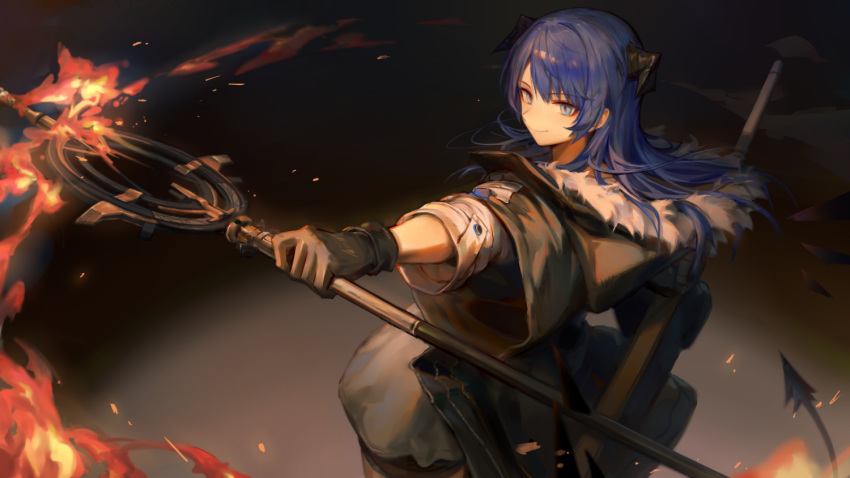 1girl arknights bangs black_gloves blue_eyes blue_hair eyebrows_visible_through_hair fire fur-trimmed_jacket fur_trim gloves holding holding_staff horns huanxiang_heitu jacket long_hair long_sleeves looking_at_viewer mostima_(arknights) official_art originium_arts_(arknights) smile solo staff tail wide_sleeves