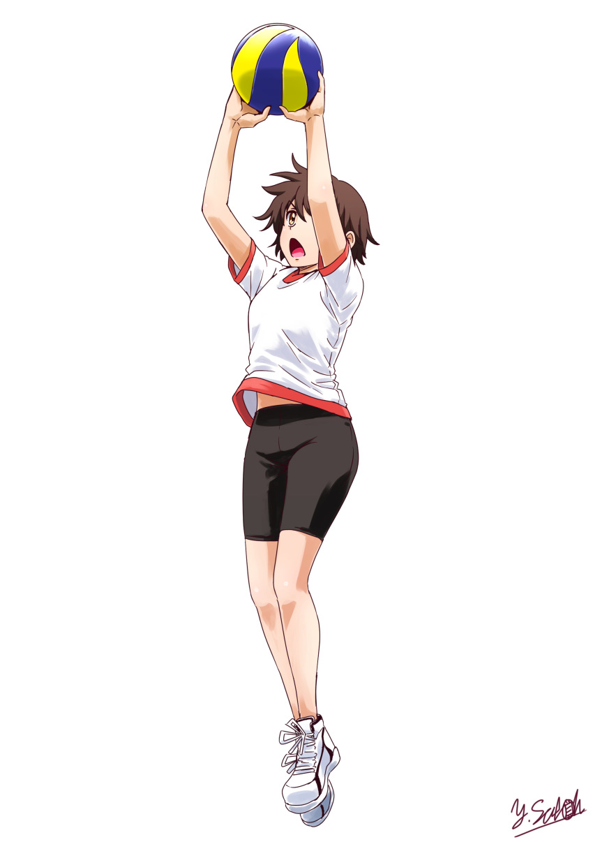 1girl absurdres arms_up artist_name ball bangs bike_shorts black_shorts brown_eyes brown_hair commentary full_body girls_und_panzer gym_shirt gym_uniform highres holding holding_ball isobe_noriko jumping no_socks open_mouth satou_yasu shirt shoes short_hair short_sleeves shorts signature simple_background sneakers solo t-shirt volleyball white_background white_footwear white_shirt