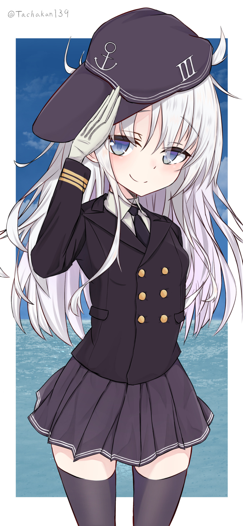 1girl absurdres alternate_costume anchor_symbol black_headwear black_jacket black_neckwear black_skirt blue_eyes blue_sky clouds commentary_request cowboy_shot double-breasted flat_cap hat hibiki_(kantai_collection) highres jacket kantai_collection long_hair looking_at_viewer military military_uniform neckerchief ocean salute silver_hair skirt sky solo tachakan thigh-highs twitter_username uniform