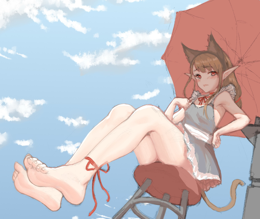 1girl absurdres anklet bare_legs barefoot beach beach_umbrella brown_hair c.rabbit chair character_request feet highres holding holding_umbrella jewelry long_hair pointy_ears red_eyes sitting tail umbrella