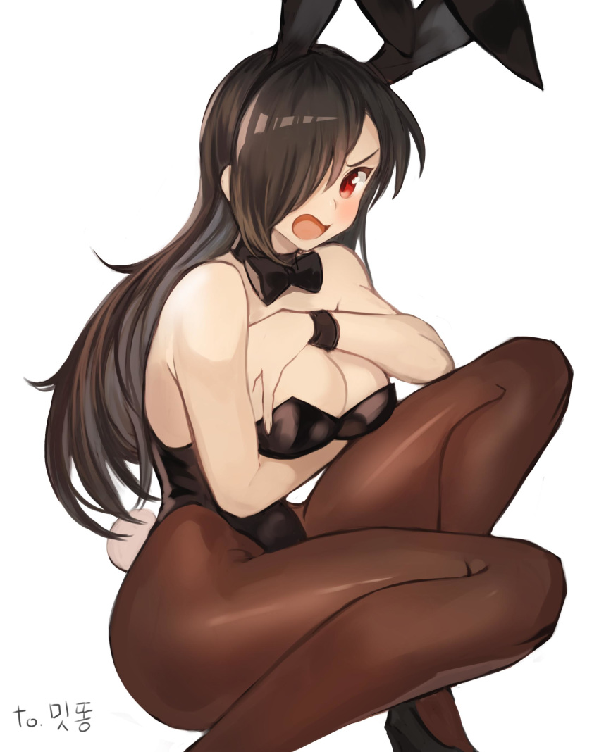 1girl absurdres animal_ears black_footwear black_hair black_leotard blush bow bowtie bracelet breasts bunny_girl bunny_tail bunnysuit commentary_request covering covering_breasts fake_animal_ears frown hair_over_one_eye highres jewelry korean_commentary large_breasts leotard long_hair looking_at_viewer open_mouth pantyhose rabbit_ears red_eyes simple_background solo sookmo tail white_background