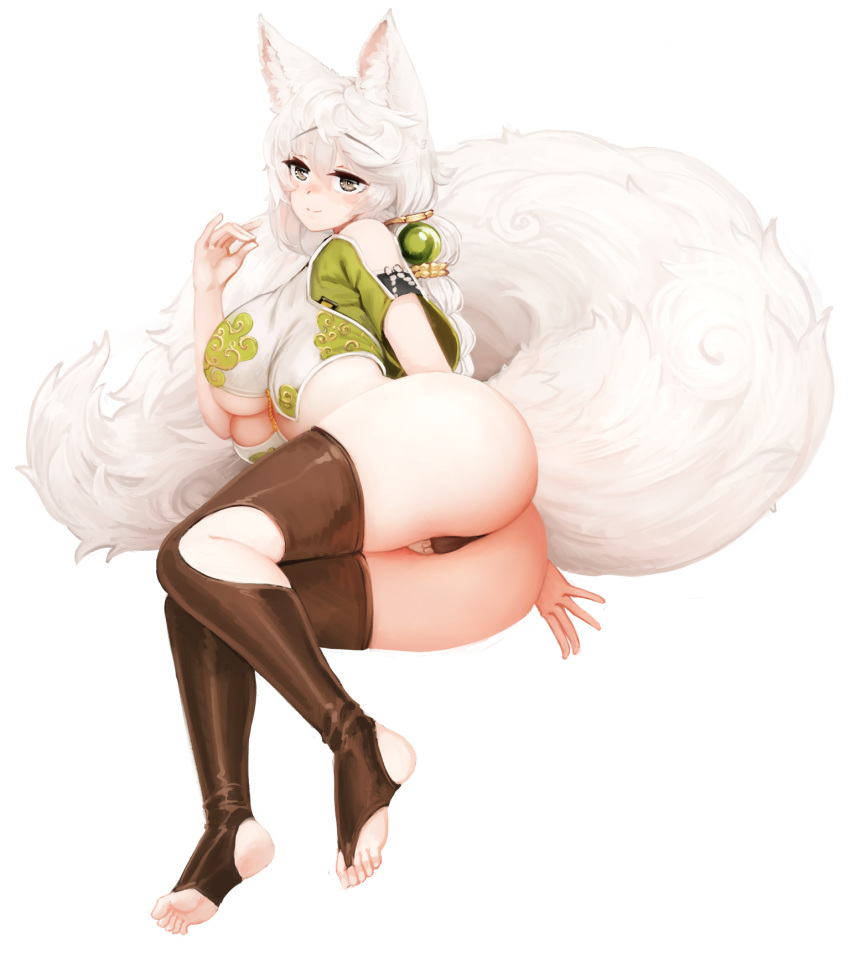 1girl animal_ear_fluff animal_ears ass barbariank bare_shoulders black_legwear black_panties braid breasts brown_eyes cloud_print commentary english_commentary eyebrows_visible_through_hair fox_ears fox_girl fox_shadow_puppet fox_tail full_body highres kantai_collection kemonomimi_mode large_breasts large_tail long_hair no_shoes panties short_sleeves simple_background single_braid smile solo stirrup_legwear tail thigh-highs toeless_legwear toes under_boob underwear unryuu_(kantai_collection) white_background white_hair