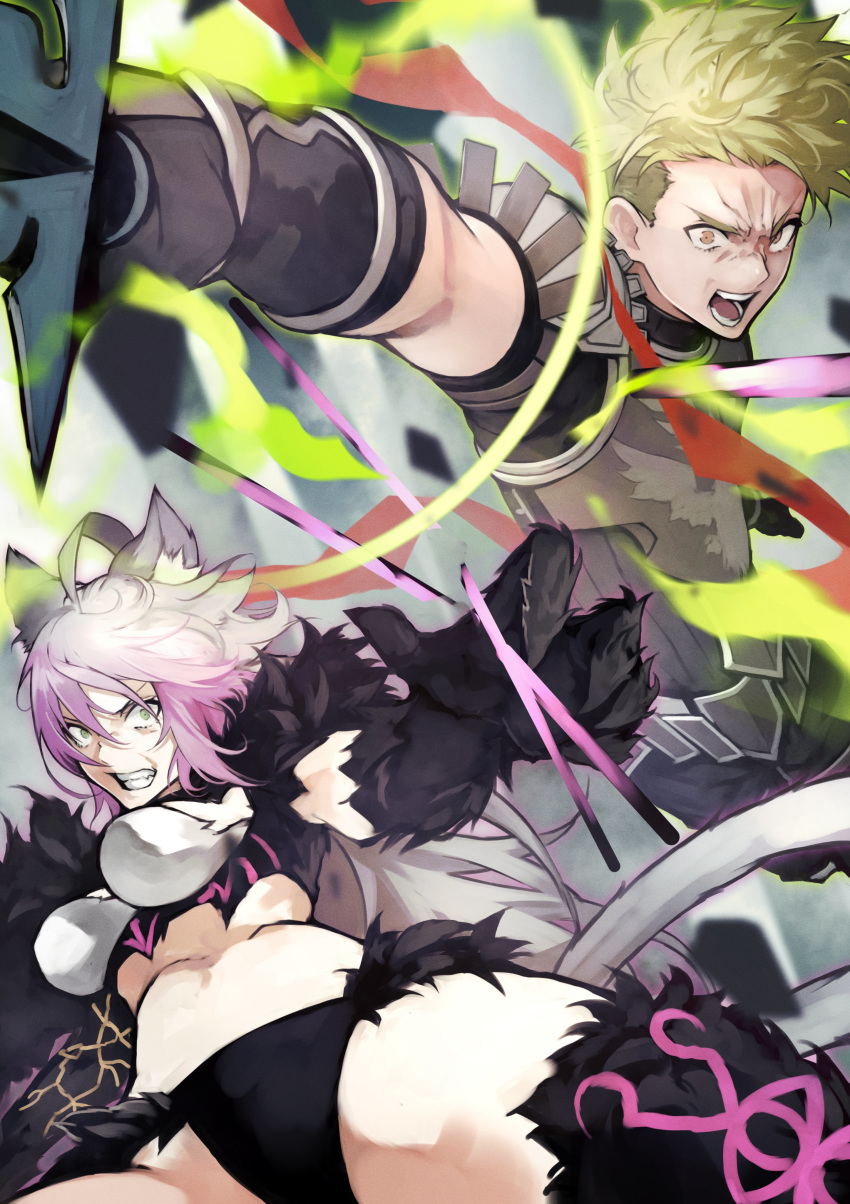1boy 1girl absurdres achilles_(fate) agrius_metamorphosis ahoge anger_vein animal_ears armor atalanta_(alter)_(fate) atalanta_(fate) bangs black_legwear blurry blurry_background breasts cat_ears dynamic_pose fate/apocrypha fate/grand_order fate_(series) fighting fighting_stance fur_gloves fur_trim gloves gradient_hair green_eyes green_hair hair_between_eyes highres holding holding_weapon legs long_hair looking_at_viewer medium_breasts multicolored_hair open_mouth revealing_clothes sash silver_hair tail veins weapon yellow_eyes yoshio_(55level)