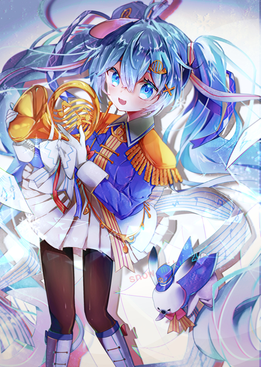 1girl absurdres animal_ears araisuzuka729 beamed_eighth_notes black_legwear blue_eyes blue_hair blue_headwear blue_jacket blurry blurry_background bow bowtie commentary cowboy_shot depth_of_field eighth_note epaulettes french_horn gloves hair_ornament hair_ribbon hairclip hat_feather hatsune_miku highres holding holding_instrument huge_filesize instrument jacket long_hair looking_at_viewer mini_shako_cap miniskirt musical_note musical_note_print open_mouth pantyhose pleated_skirt quarter_note rabbit rabbit_ears rabbit_yukine ribbon shadow skirt smile twintails very_long_hair vocaloid white_gloves white_skirt yuki_miku yuki_miku_(2020)
