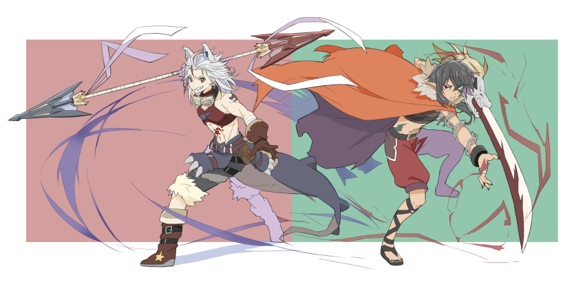 2boys absurdres animal_ears aura bare_shoulders belt belt_boots black_belt black_nails boots border brown_footwear brown_gloves cape chain character_request copyright_request donguri_suzume fighting_stance fingernails gloves green_background grey_hair grey_shorts highres holding holding_sword holding_weapon lance looking_at_viewer male_focus multicolored_hair multiple_boys nail_file orange_cape parted_lips polearm red_background red_eyes red_shorts sandals shorts smile streaked_hair sword toenail_polish toenails two-tone_background virtual_youtuber weapon white_border white_hair