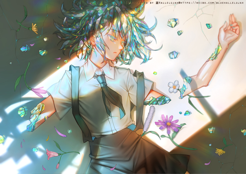 1other amputee androgynous aqua_nails bangs black_shorts blue_hallelujah bort cattail collared_shirt commentary_request crack cracked_floor diamond_(houseki_no_kuni) double_amputee dress_shirt eyelashes flower gem_uniform_(houseki_no_kuni) green_hair grey_eyes half-closed_eyes houseki_no_kuni looking_away looking_to_the_side lying multicolored_hair nail_polish necktie on_back on_ground out_of_frame pink_flower plant purple_flower red_flower rubble sad severed_limb shadow shirt short_hair short_sleeves shorts solo_focus suspender_shorts suspenders upper_body watermark web_address white_shirt yellow_flower