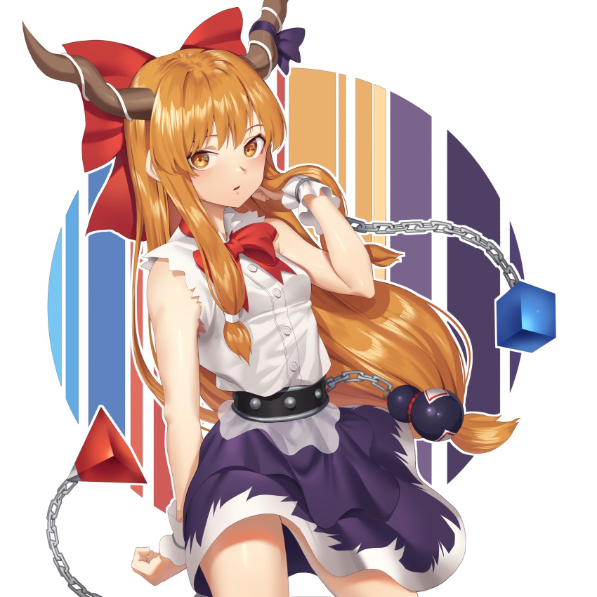 1girl absurdres arm_up blush bow brown_eyes brown_hair cuffs eyebrows goback hair_bow highres horns ibuki_suika long_hair looking_at_viewer parted_lips red_bow shackles shirt solo touhou very_long_hair white_shirt