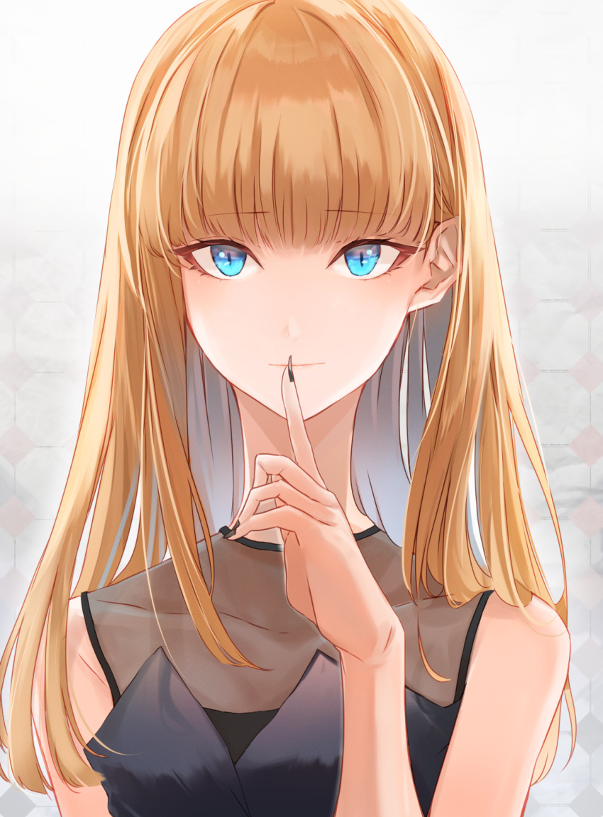 1girl black_dress black_nails blue_eyes brown_hair closed_mouth commentary dress eyebrows_visible_through_hair finger_to_mouth highres katou_asuka lips long_hair looking_at_viewer matsunaga777 nail_polish pink_lips see-through shushing solo upper_body watashi_ga_motenai_no_wa_dou_kangaetemo_omaera_ga_warui!