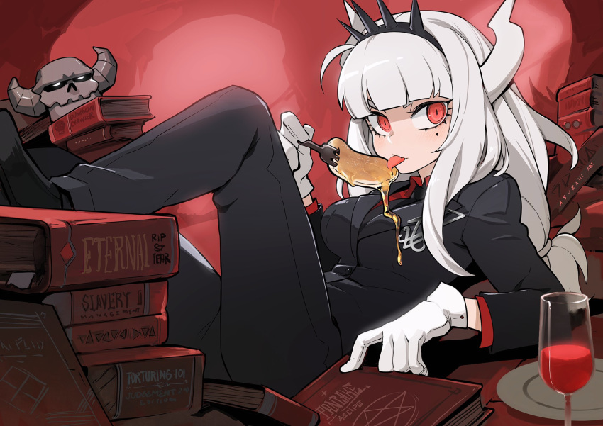 1girl alcohol breasts business_suit crown cup demon_girl demon_horns drinking_glass food fork formal gloves helltaker highres horns long_hair low-tied_long_hair lucifer_(helltaker) mole mole_under_eye neckwear pancake patipat_asavasena red_eyes red_shirt shirt solo suit tongue tongue_out white_hair white_horns wine wine_glass