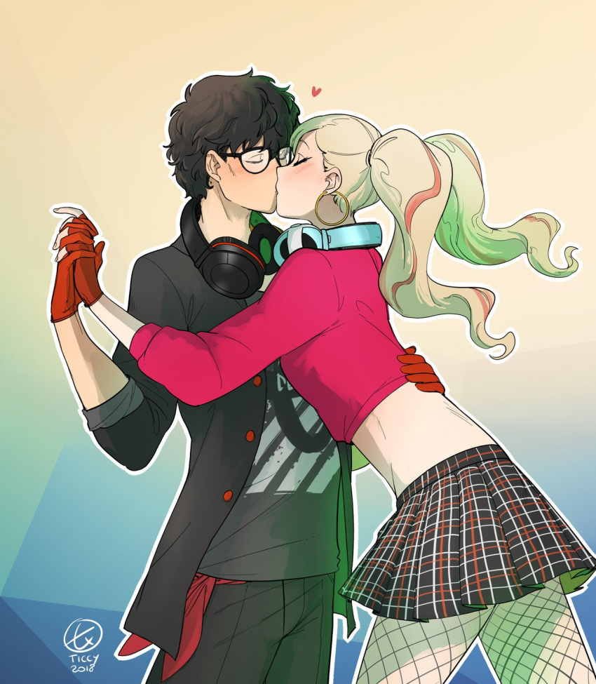 1boy 1girl amamiya_ren atlus black_hair blonde_hair blush closed_eyes couple cute earrings glasses gloves headphones heart holding_hands kiss kissing long_hair love megami_tensei persona persona_5 persona_5:_dancing_star_night sega short_hair takamaki_anne ticcy twintails twitter_username