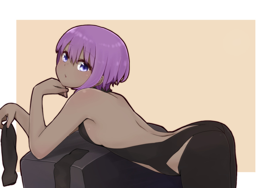 1girl ass bangs bare_arms bare_shoulders bent_over black_bodysuit blush bodysuit breasts brown_background closed_mouth dark_skin eyebrows_visible_through_hair fate/prototype fate/prototype:_fragments_of_blue_and_silver fate_(series) hair_between_eyes hassan_of_serenity_(fate) highres i.u.y looking_at_viewer looking_to_the_side medium_breasts purple_hair sideboob solo two-tone_background violet_eyes white_background