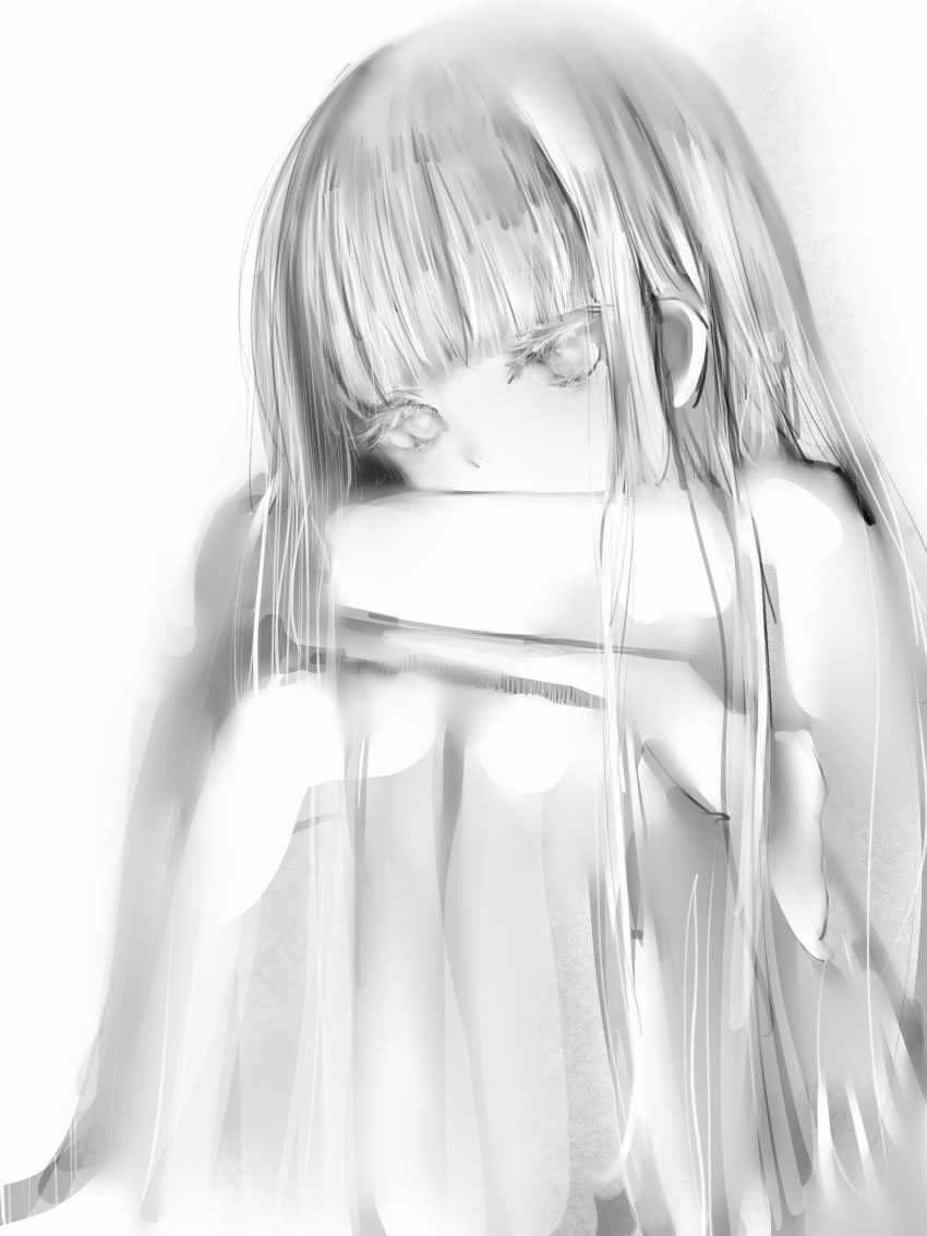 1girl bangs blunt_bangs copyright_request eyelashes greyscale highres leg_hug long_hair looking_at_viewer monochrome nanashi_(nlo74593630) simple_background sitting sketch solo white_background