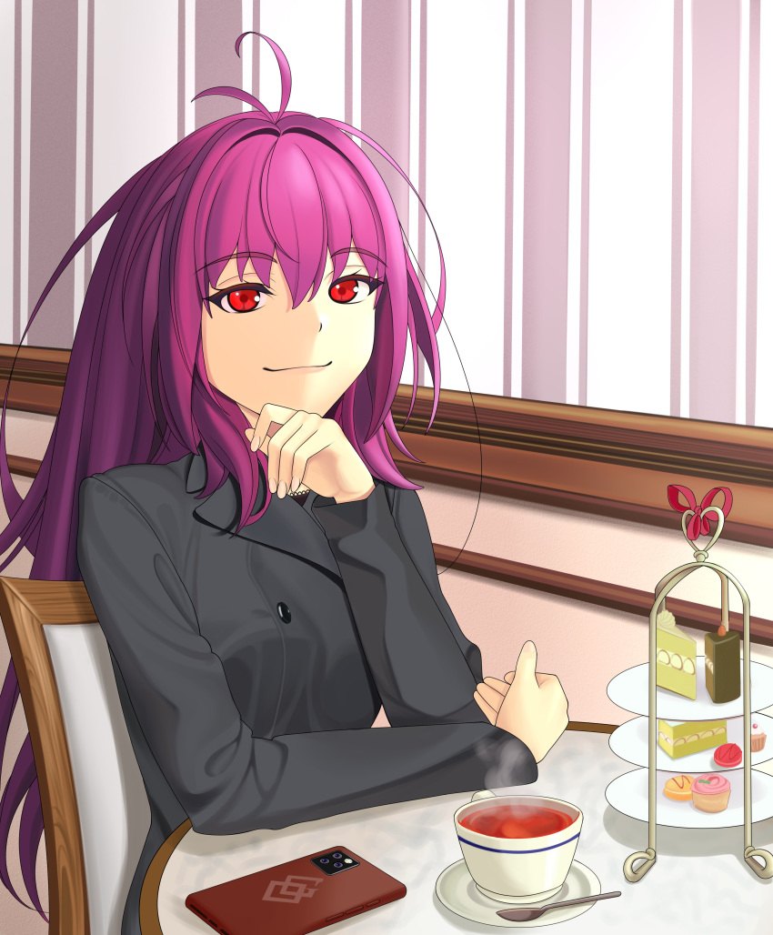 1girl absurdres antenna_hair bangs breasts buttons cake cellphone chair coffee coffee_cup cup dessert disposable_cup fate/grand_order fate_(series) food hair_between_eyes highres iphone long_hair looking_at_viewer phone purple_hair quatthro red_eyes scathach_(fate)_(all) scathach_(fate/grand_order) sitting smartphone table