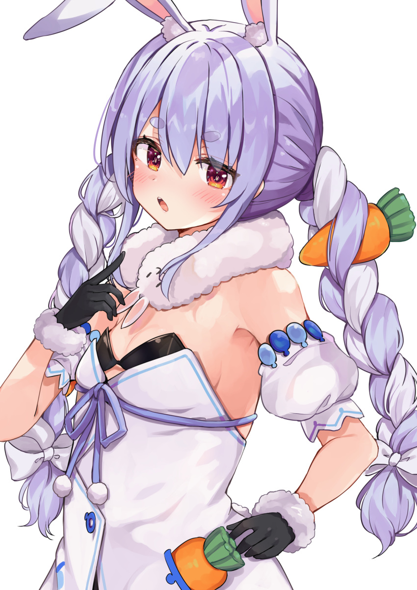 1girl absurdres animal_ear_fluff animal_ears armpit_peek bangs bare_shoulders black_gloves black_leotard blue_hair blush bow braid breasts carrot_hair_ornament commentary_request detached_sleeves dress eyebrows_visible_through_hair food_themed_hair_ornament fur-trimmed_gloves fur_trim gloves hair_between_eyes hair_bow hair_ornament hand_up highres hololive leotard long_hair looking_at_viewer multicolored_hair parted_lips puffy_short_sleeves puffy_sleeves rabbit_ears racchi. red_eyes short_eyebrows short_sleeves simple_background small_breasts solo strapless strapless_dress strapless_leotard thick_eyebrows twin_braids twintails two-tone_hair upper_body usada_pekora very_long_hair virtual_youtuber white_background white_bow white_dress white_hair white_sleeves