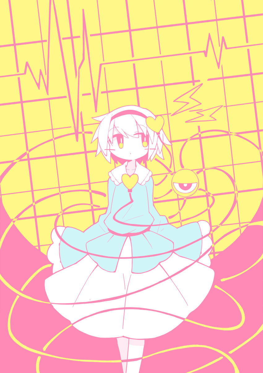 1girl absurdres asameshi blue_shirt blush_stickers commentary feet_out_of_frame frilled_sleeves frills hairband heart highres komeiji_satori lightning_bolt limited_palette long_sleeves pink_background shirt short_hair skirt solo third_eye touhou two-tone_background wide_sleeves yellow_background