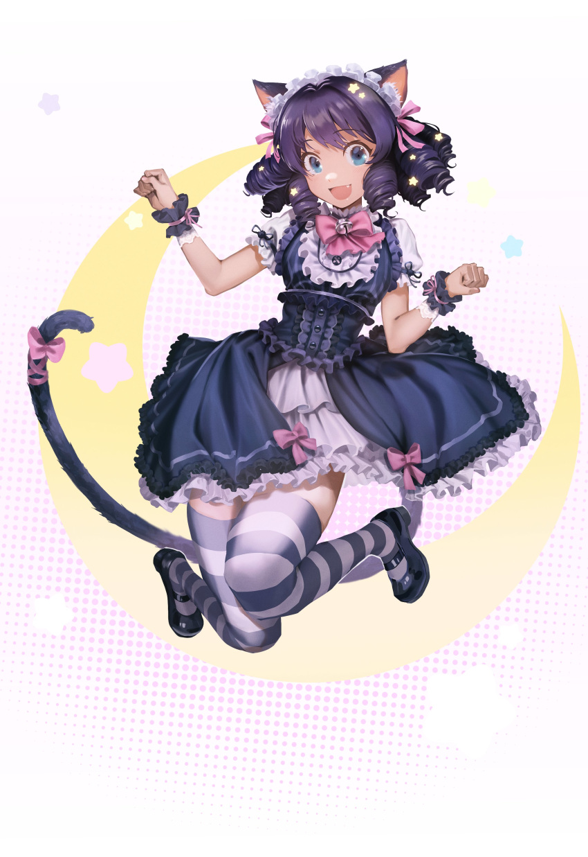 1girl absurdres animal_ears bell black_dress black_footwear black_hair blue_eyes bow cat_ears cat_girl cat_tail cyan_(show_by_rock!!) dress fang frilled_dress frilled_sleeves frills full_body gothic_lolita hair_ribbon highres lolita_fashion maid_headdress nshi00 paw_pose ribbon ringlets show_by_rock!! smile solo striped striped_legwear tail thigh-highs
