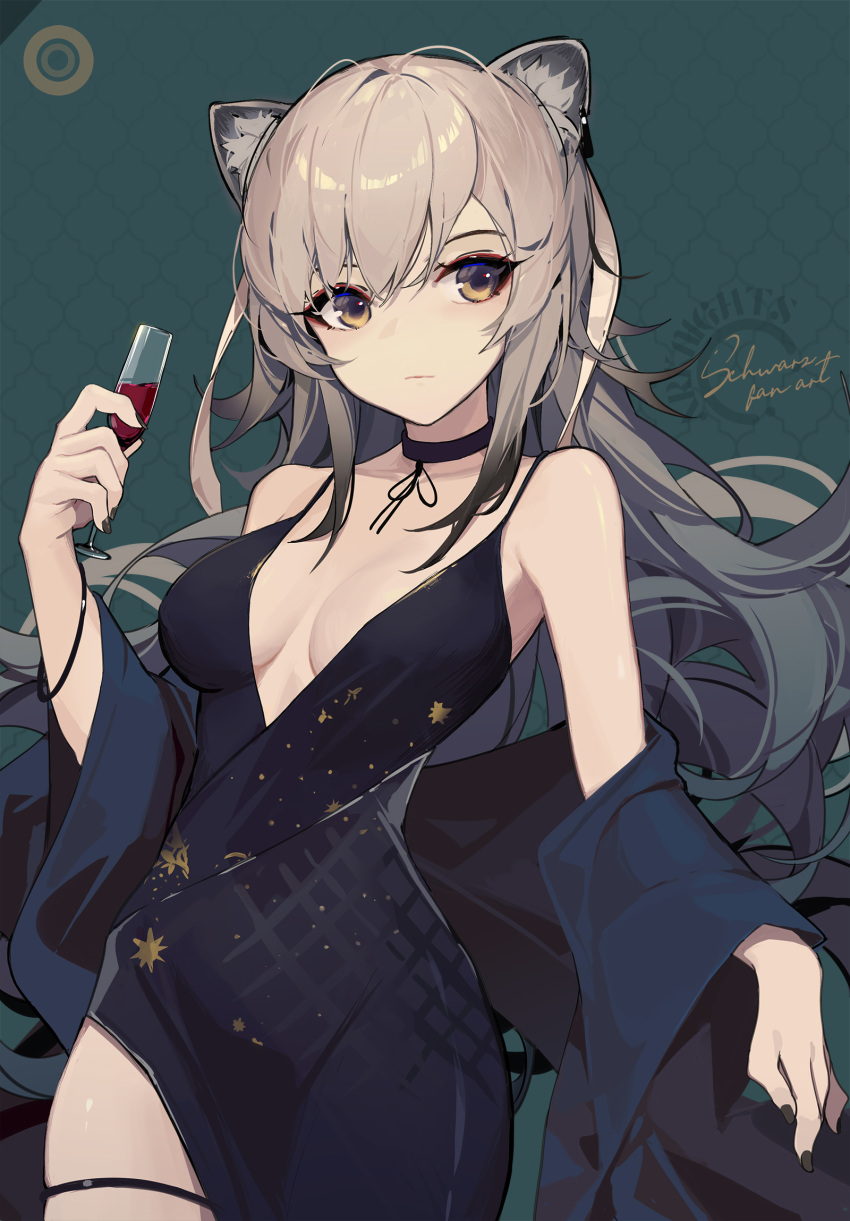 1girl alcohol animal_ear_fluff animal_ears arknights bangs bare_shoulders black_choker black_dress black_nails breasts brown_eyes cat_ears champagne_flute choker commentary cowboy_shot cup dress drinking_glass eyeshadow hair_between_eyes hand_up highres holding holding_cup long_hair looking_at_viewer makeup medium_breasts mongarit nail_polish off_shoulder schwarz_(arknights) side_slit silver_hair solo spaghetti_strap standing thigh_strap wine