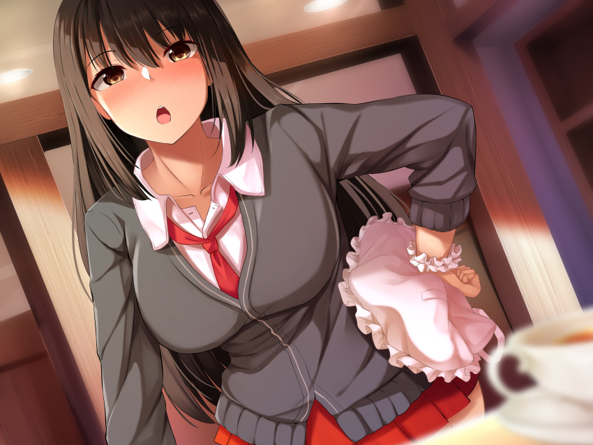 1girl :o absurdres apron_removed bangs black_cardigan blush breasts brown_eyes brown_hair collarbone collared_shirt copyright_request cup dutch_angle hand_on_hip highres indoors large_breasts long_sleeves nicoby official_art pleated_skirt red_neckwear red_skirt school_uniform scrunchie shirt skirt solo standing teacup white_scrunchie white_shirt wrist_scrunchie