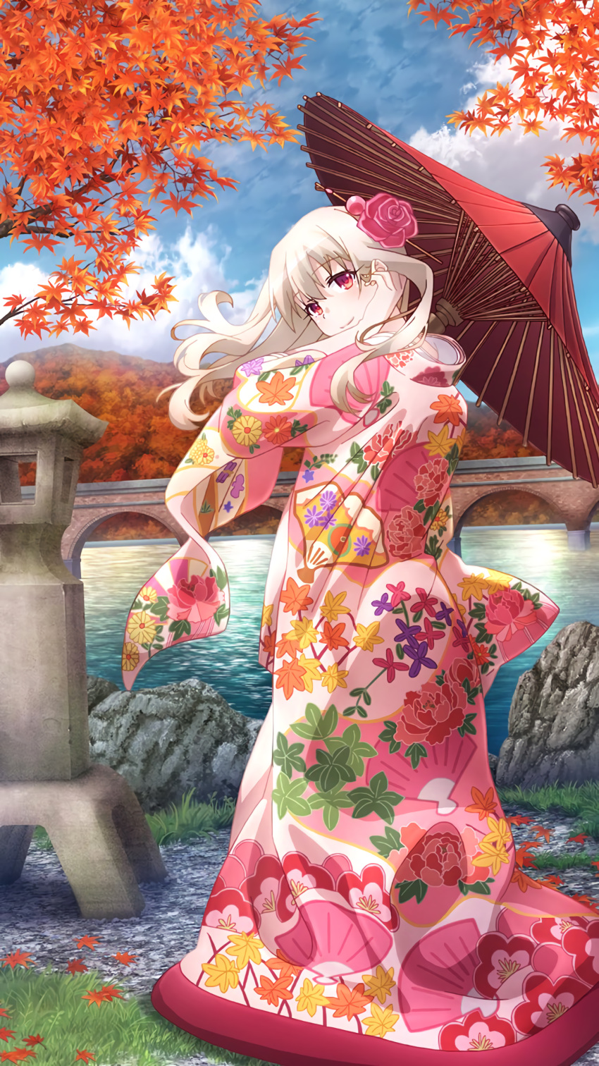 1girl absurdres arch artist_request autumn autumn_leaves bangs blush bridge clouds day fate/kaleid_liner_prisma_illya fate_(series) floral_print flower from_side furisode grass hair_flower hair_ornament hair_tucking head_tilt highres hill holding holding_umbrella illyasviel_von_einzbern japanese_clothes kimono long_hair looking_at_viewer looking_back official_art oil-paper_umbrella outdoors red_eyes river smile solo standing stone_lantern umbrella water white_hair wide_sleeves wind