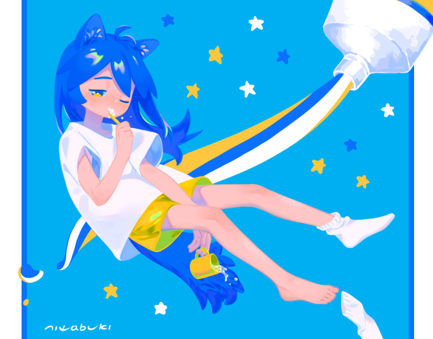 1girl animal_ear_fluff animal_ears antenna_hair bangs bare_legs between_legs between_thighs blue_background blue_hair brushing_teeth cat_ears cat_girl cat_tail collarbone cup eyebrows feet floating floating_hair from_side full_body half-closed_eye hand_between_legs hand_up holding holding_cup holding_toothbrush limited_palette long_hair looking_at_viewer mug niwabuki noshime_ruka one_eye_closed original outside_border pillarboxed shiny shiny_hair shirt short_sleeves shorts single_sock sleepy socks solo spilling star_(symbol) starry_background swept_bangs tail toothbrush toothbrush_in_mouth toothpaste water white_legwear white_shirt yellow_eyes yellow_shorts