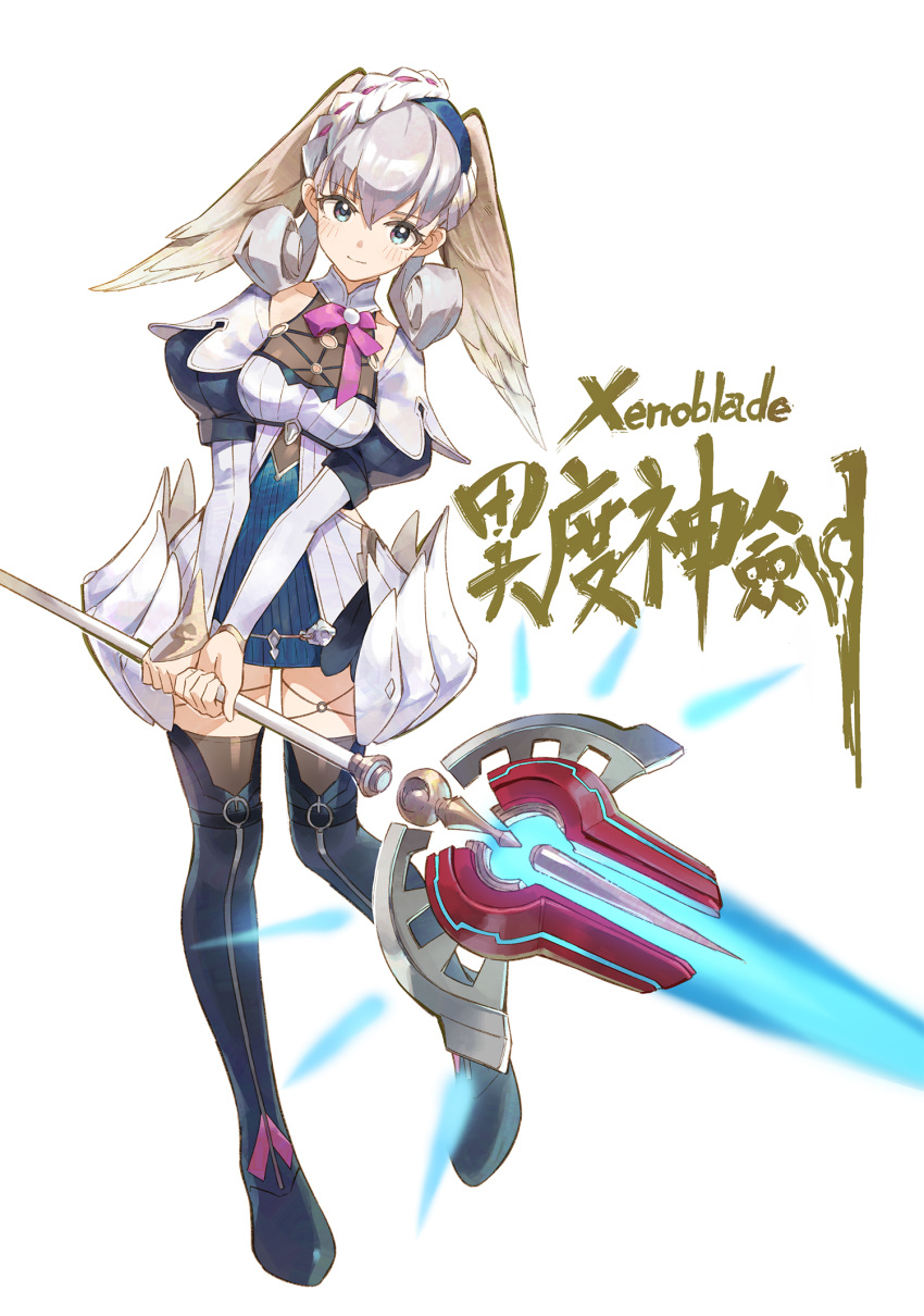 1girl blue_eyes blush braid breasts crown_braid energy_weapon full_body head_wings highres holding holding_staff juliet_sleeves long_sleeves looking_at_viewer medium_breasts melia o-ring puffy_sleeves silver_hair simple_background solo staff thigh-highs tugo white_background xenoblade_(series) xenoblade_1 xenoblade_1:_tsunagaru_mirai